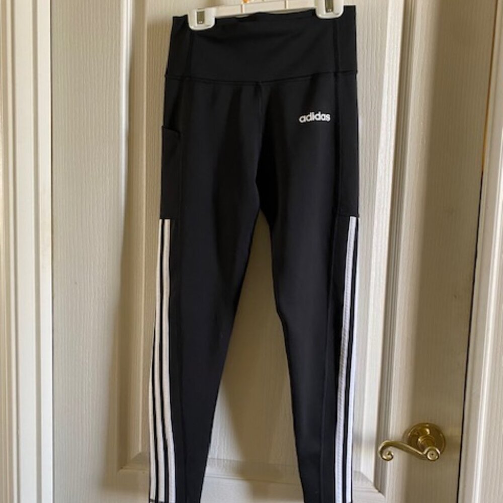 Adidas Black Leggings with iconic white stripes Women Sz Small